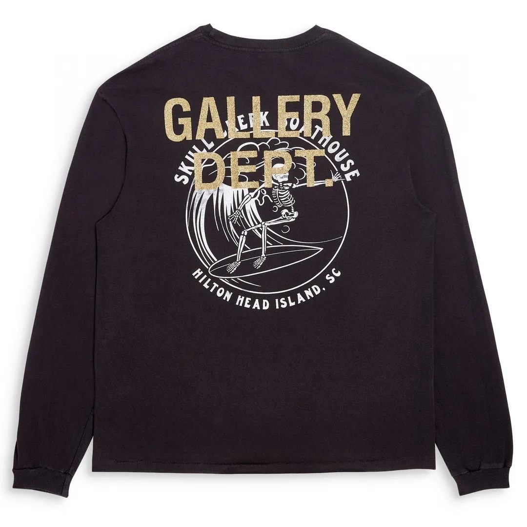 GALLERY DEPT. SKULL CREEK L/S TEE/BLK Glitter skull surf long sleeves, washed black S-XL, genuine development, correct version, garment dyed, washed and distressed, printing has a full sense of distress